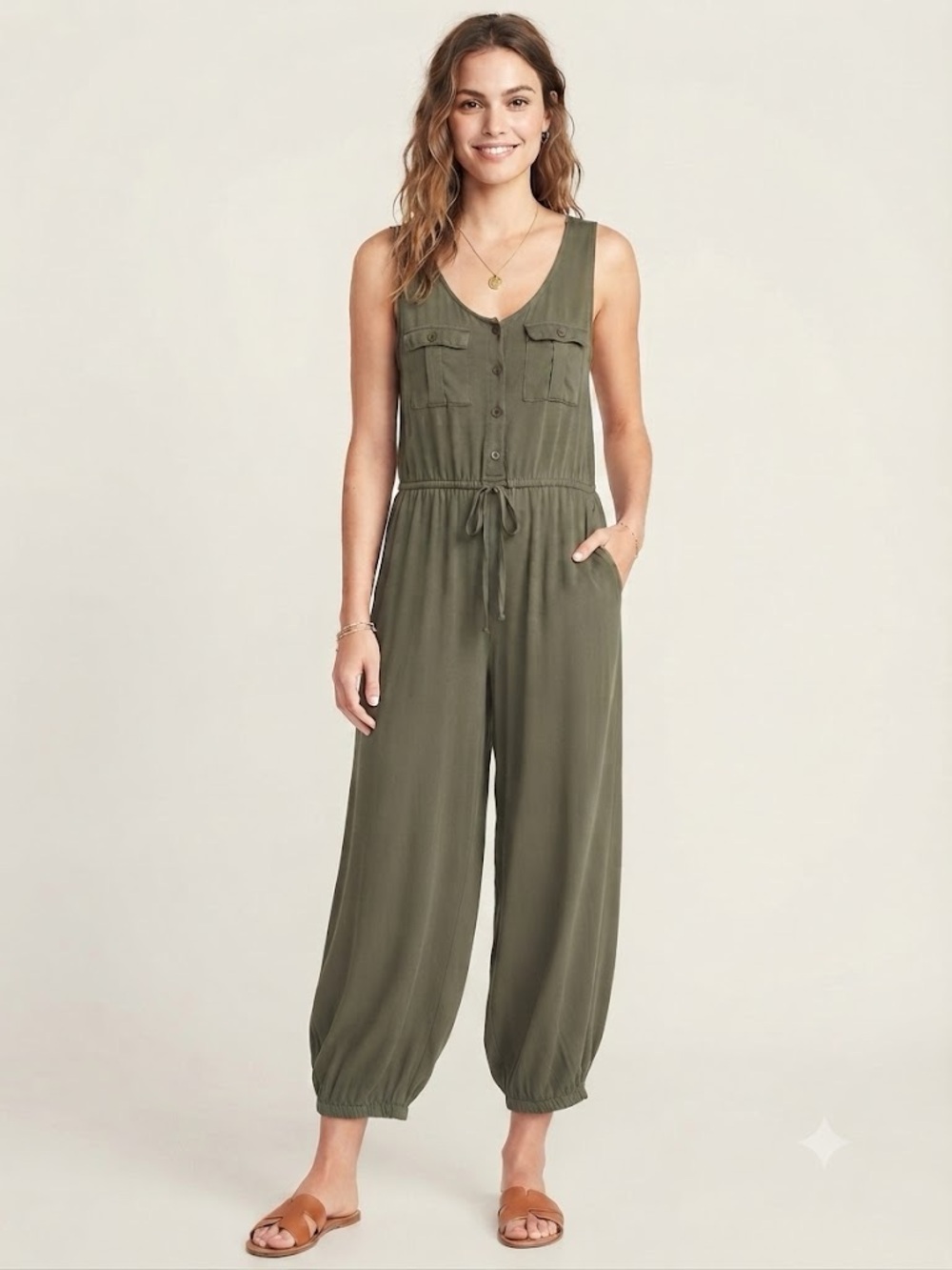 Rebellion Olive Sleeveless Button-Front Jumpsuit with Drawstring